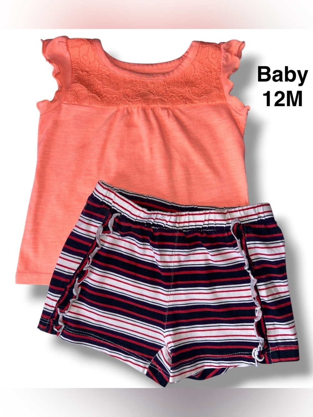 Coral Lace Top with Striped Shorts size 12 Months